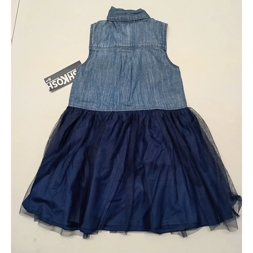 Oshkosh Navy Blue Dress Toddler SZ 2T Fit n Flare Denim & Layered Tulle NWT
